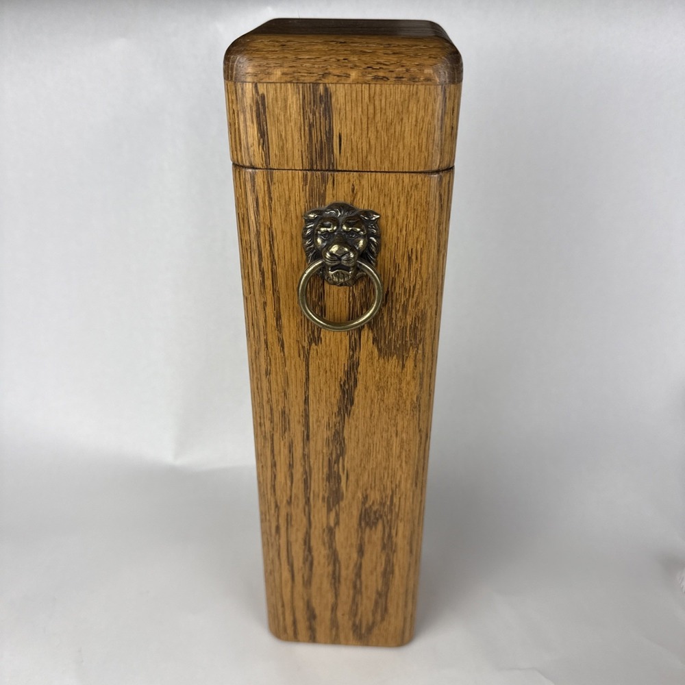 Vintage Oak Fireplace Match Holder Box Brass Lion Head Ring Pull 13"